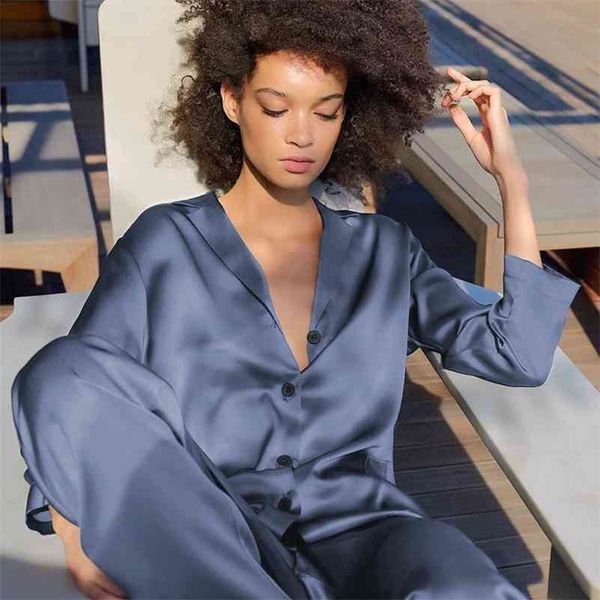 

hiloc yellow blue solid long sleeve home suit female satin sleepwear women sets loose two piece set and pants spring 210325, Black;red
