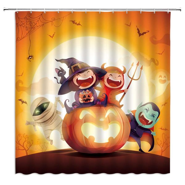 

halloween shower curtain,cute witch demon vampire mummy gaint pumpkin funny kids cartoon image fabric bathroom decor,hooks