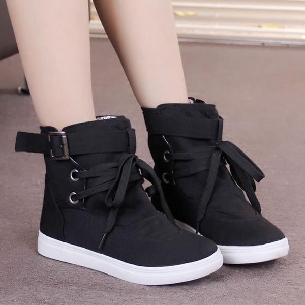 

boots women travel flat heel stree shopping lace up spring ankle height daily casual autumn canvas shoes, Black