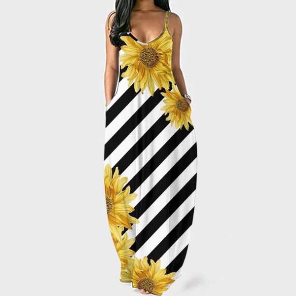 

casual dresses boho women summer maxi dress o-neck flower print sleeveless plus size pullover long loose streetwear vestidos, Black;gray