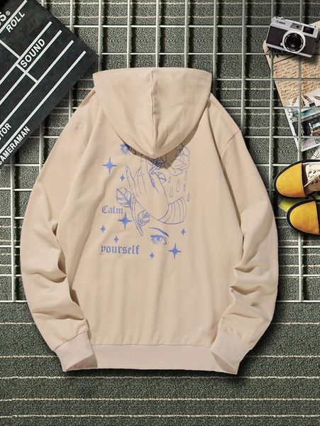 

men gesture & rose print kangaroo pocket drawstring hoodie e3to#, Black