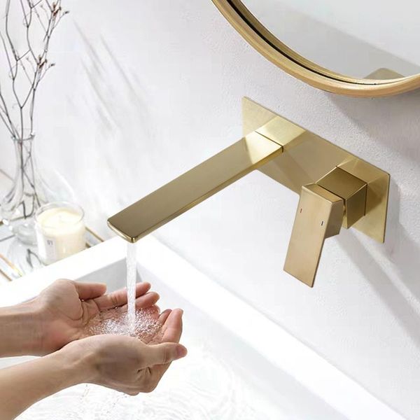 

golden bathroom faucet wall mounted and cold water mixer embedded sink hidden basin tap brushed gold faucets
