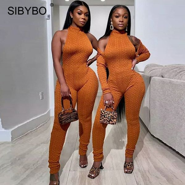 

sibybo rib knitted 2 piece set jumpsuits for women 2021 sleeveless o-neck skinny jumpsuit casual solid acitve wear overalls, Black;white