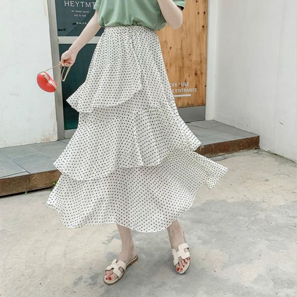 Röcke Einfache Hochtaillierte Blumenfrauen Sommer Unregelmäßige Mehrschichtige Lotuskante Bedruckte Chiffon-Tüll Lang Sexy Vintage Damen