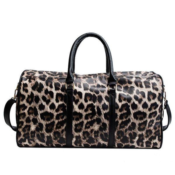 

fashion leopard travel duffle bags women shoulder handbag large capacity crossbody pu leather ladies weekend duffel