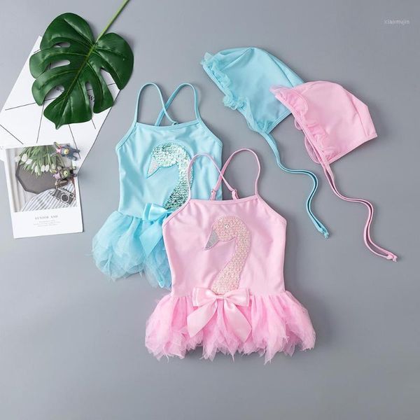 

classic swimming set baby kids girls cute sequin swan print one piece swimwear swimsuit hat clothes one-pieces, Black