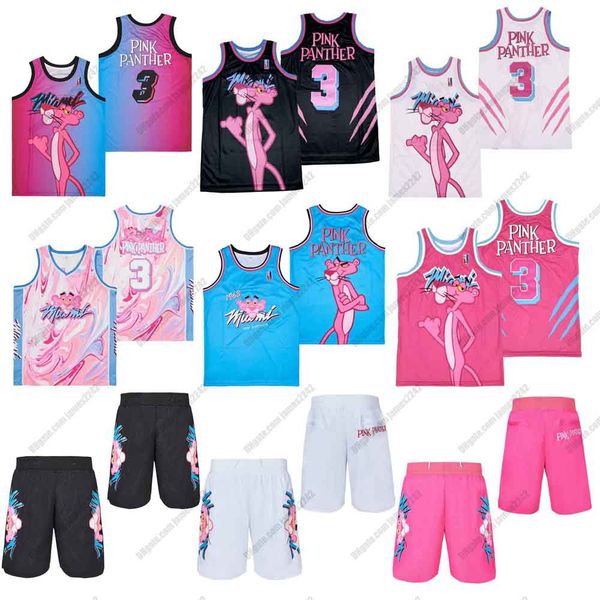 

miami pink panther #3 basketball jersey shorts with zipper movie tv men's stitched white black blue quality