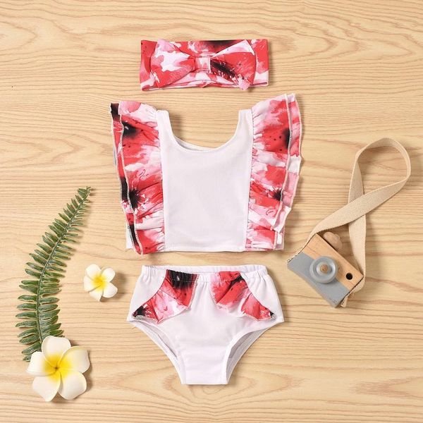 

women's swimwear 2pcs toddler baby girls swimsuits set children floral print ruffle with headband bikini beachwear cute bathing 2021, White;black