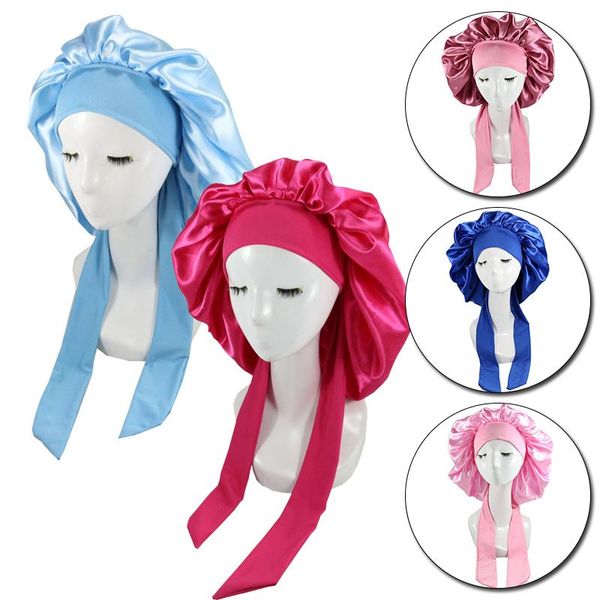

beanie/skull caps women soft satin silky nightcap solid color high elastic band sleep hat with ribbon large head wrap shower cap turban cove, Blue;gray