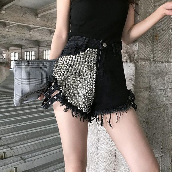 

summer women's black high waist shorts women personality rivets loose wide legs hole ripped short pants, White;black