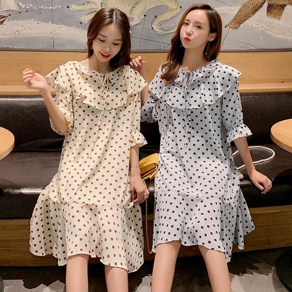 

maternity dresses 956# clothes summer short sleeves midi dress o neck dot printing color block loose pregnant women pregnancy, White