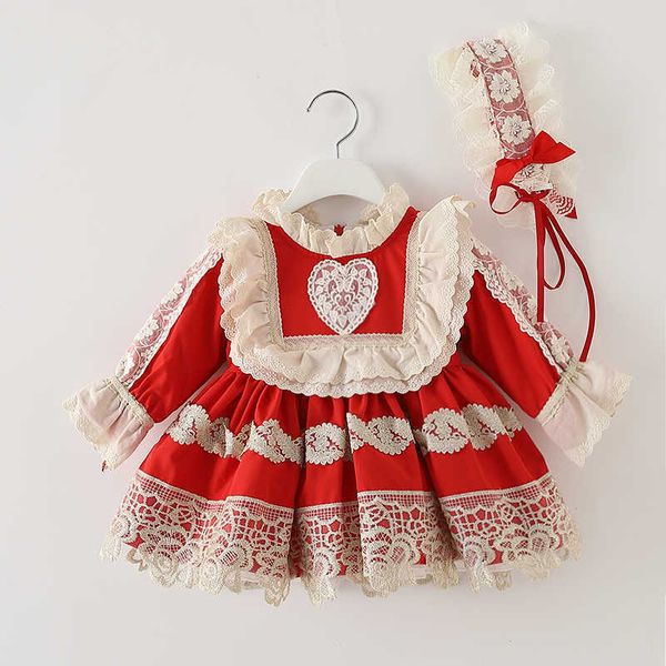 2PCS Toddler Girl Lolita Princess Abiti Bambini Rosso Abito spagnolo Autunno Neonate Natale Dress up Infant Spagna Vestidos 210615