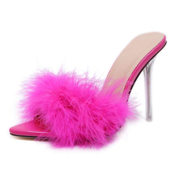 

dress shoes summer woman pumps pvc transparent feather perspex crystal high heels fur peep toe mules slippers ladies slides, Black