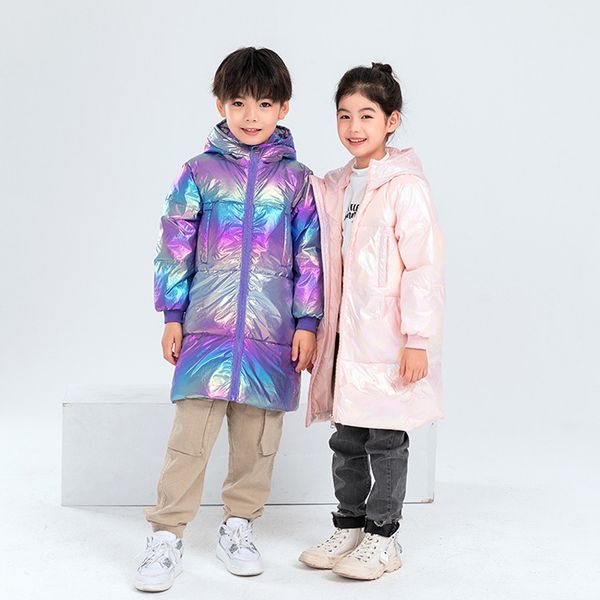 

2021 winter new boys and girls clothing medium and large children clothing colorful hooded and long mid-length down jacket 4-10, Blue;gray