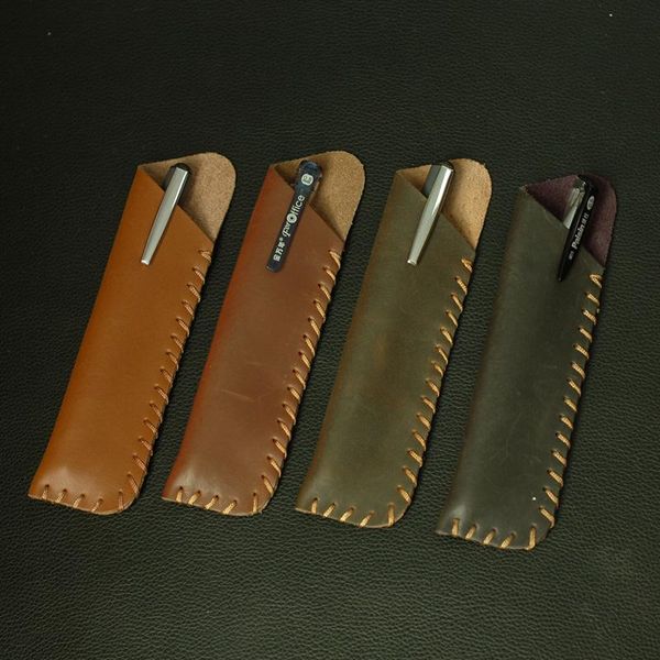 

16x4.3cm grade business travel holding 2-pens genuine leather pen bag pencil stationery organizer for men women 1138 bags
