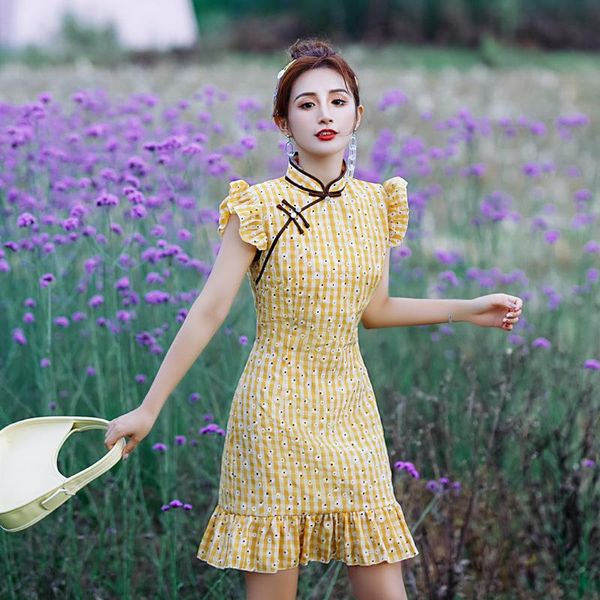 

chinese traditional dress vintage cotton linen ruffle cheongsam elegant qipao tight banquet woman oriental clothes ethnic clothing, Red