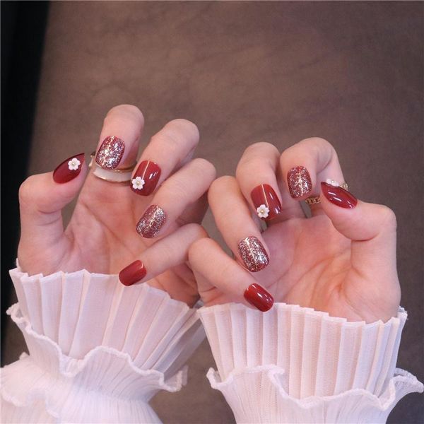 

false nails 24pcs red flower shape wear short paragraph fashion manicure patch save time wearable nail fa, Red;gold