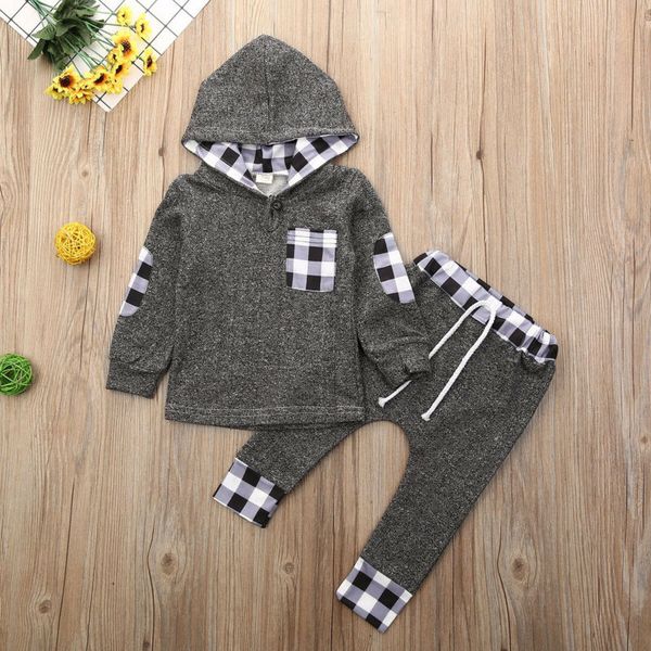 

toddler baby boy and girls plaid long sleeve hoodie sweatshirt + pants 2pcs outfits tracksuit, White