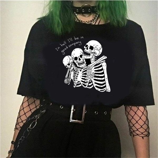 

in hell i will be good company three skeleton graphic tee harajuku hipster cool grunge women 210512, White