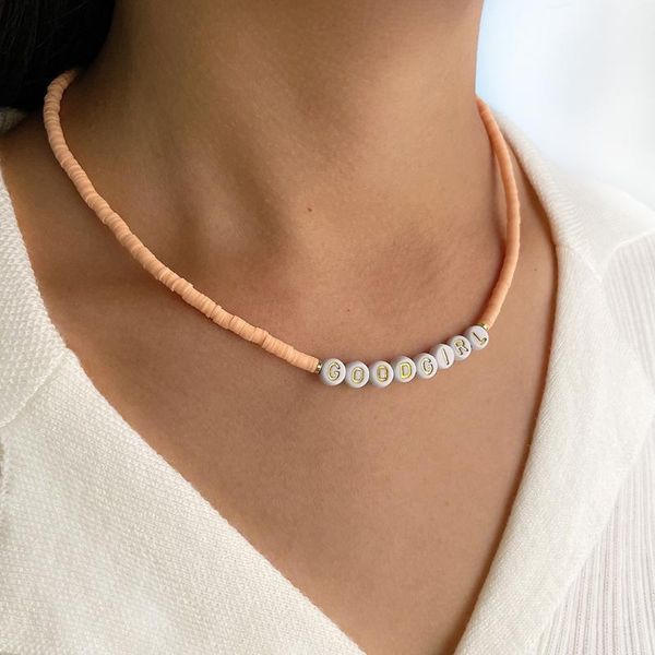 

chains peri'sbox handmade colorful soft pottery choker acrylic letter polymer clay beads chain necklaces female boho beach jewelry, Silver