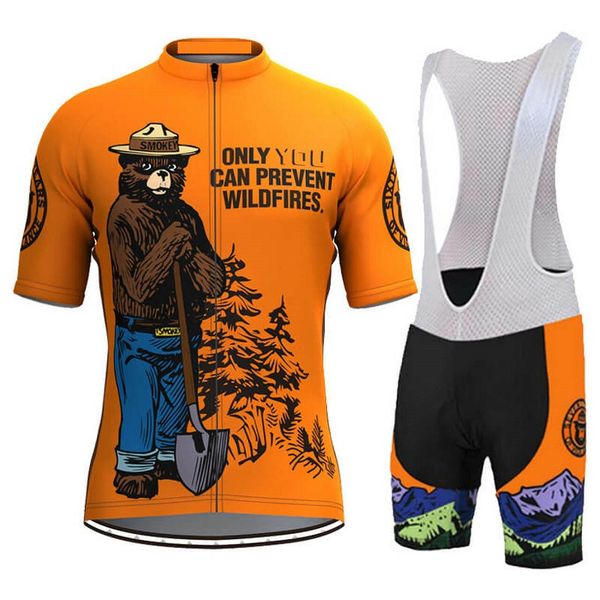 

retro smokey bear prevent wildfires cycling jerseys and bib shorts set, Black;red