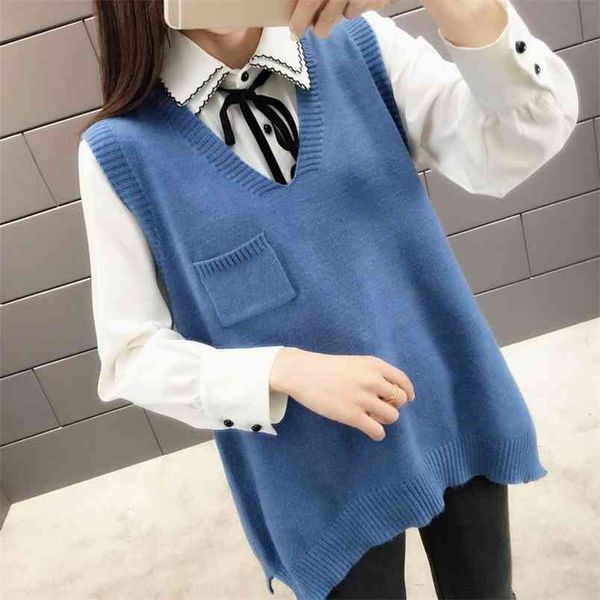 

pocket design knitted sweater vest female loose casual side split frill korean autumn winter tide pullover v-neck 210427, Black;white