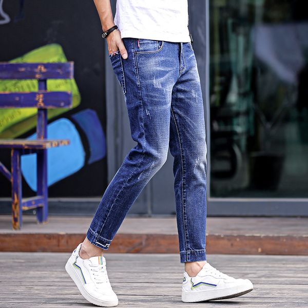 

men's jeans tehezad men's casual brem pants pencil prick classic cotton wash business job straight man's office ankle length, Blue