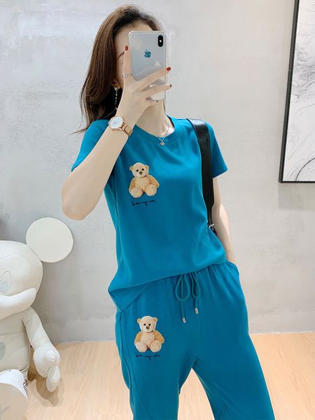 

pants fashion suits european leisure sports women's summer 2021 round neck printed t-shirt short sleeve lace up leggings 90065, White
