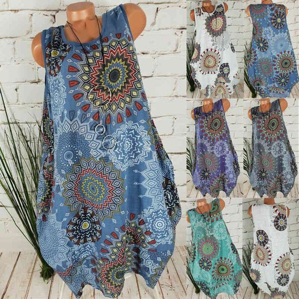 

summer womens loose sleeveless print dress, White