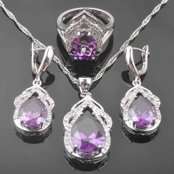 

earrings & necklace 2021 jewelry sets women's purple crystal silver color zirconia pendant wedding ring set qz0306