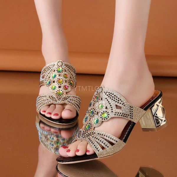 

women summer slipper sandals fashion hgih heels open toe crystal ladies rhinestone bohemia beach flip flops sapatos femininos slippers, Black