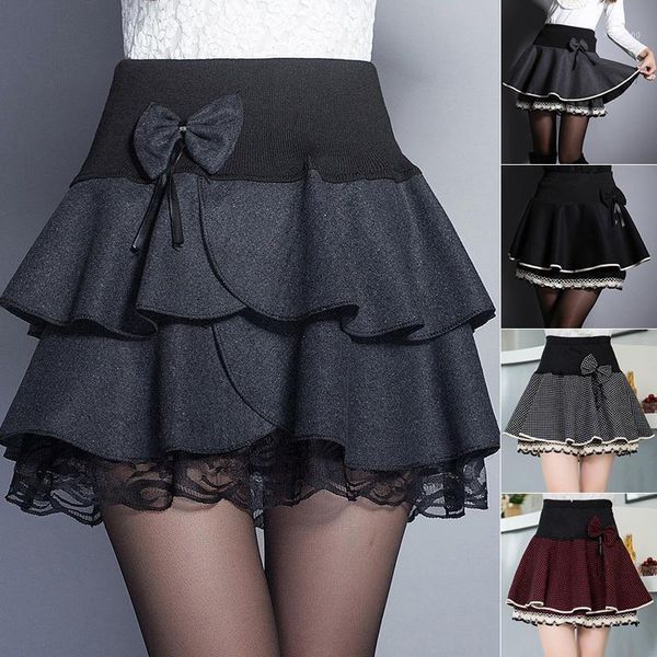 

skirts korean fashion large size summer women skirt a-line double ruffles cute bow pleated elastic high waist lace umbrella mini, Black