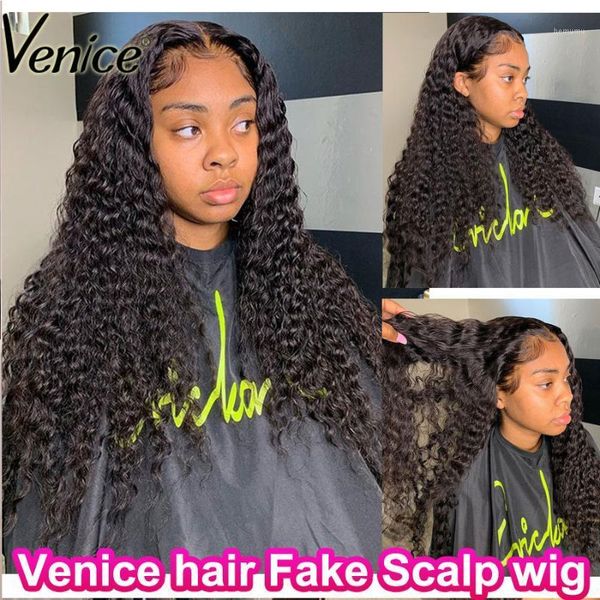 

venice hair 370 lace frontal wig with baby 13x6 front human wigs for black women curly remy fake scalp wig1, Black;brown