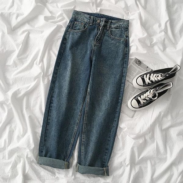

women's jeans 2021 autumn women high waist button solid loose ankle length office lady elegant pants quality, Blue