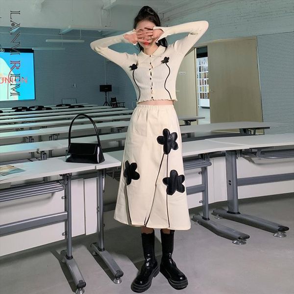 

autumn arrival black floral pattern womens skirts elastic waist all match streetwear white mid calf skirt for women 2a2818