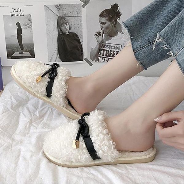 

home slippers woman fashion butterfly-knot black indoor non slip massage synthetic plush soft ladies house