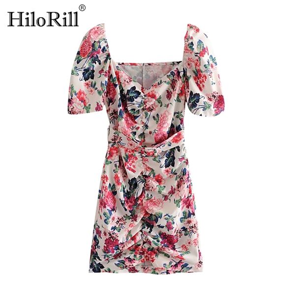 Женщины Floral Print Мини-платье Сексуальный Bodycon Beach с поясом Puff Collece Chic Lean Vestido De Festa 210508