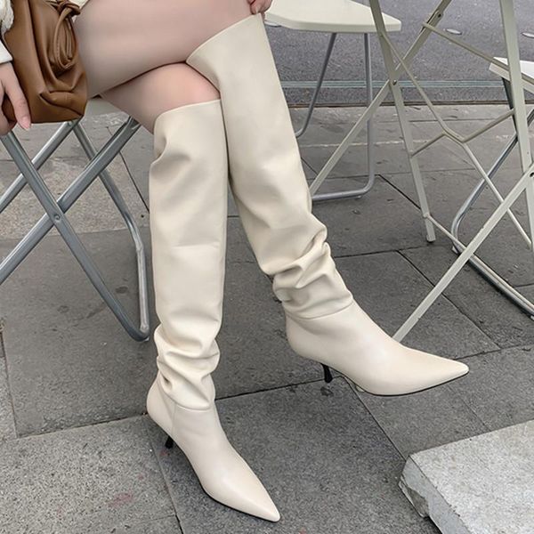 

boots cow leather high heels women knee office ladies dress party shoes spring autumn woman size 41 42 43, Black