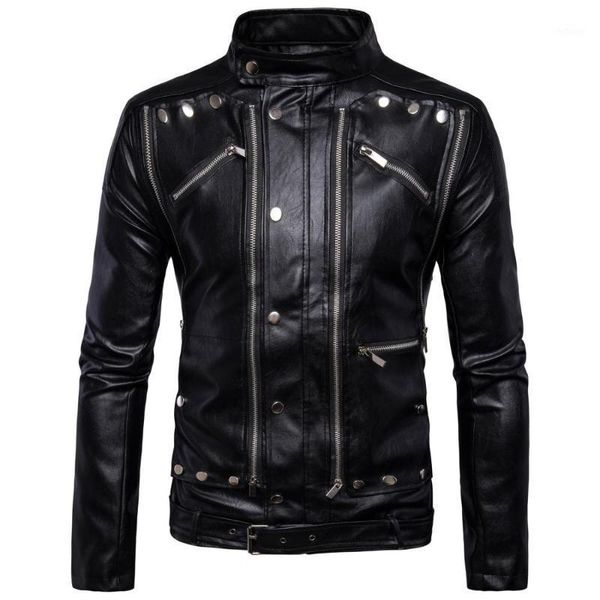 

men's jackets 2021 fashion rivets motorcycle biker leather multi-zipper black men 5xl jaqueta de couro masculina, Black;brown