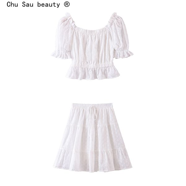 

summer cotton lace women crop +mini skirts suits french fashion hollow out short blouses bow sashes skirt two piece set 210508, White