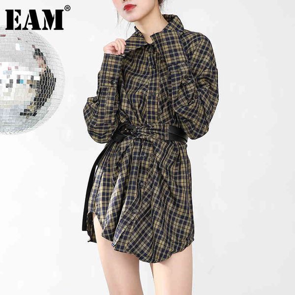 

[eam] women yellow plaid with belt big size shirt dress lapel long sleeve loose fit fashion spring autumn 1dd07270 21512, Black;gray