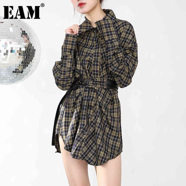 [EAM] Plaid giallo da donna con cintura Abito camicia di grandi dimensioni Risvolto Manica lunga Vestibilità ampia Moda Primavera Autunno 1DD07270 21512