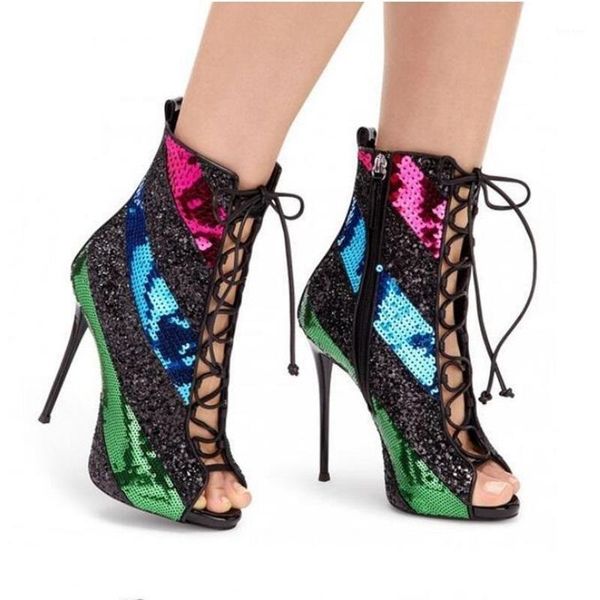 

boots mixed color bling sequined stiletto heels gladiator sandals lady peep toe lace-up ankle women zip party shoes1, Black