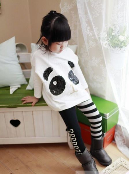 Kindersets Frühling Babymädchen Pailletten Panda Batwing Hülse Lose Pullover + AB gestreiften Leggings