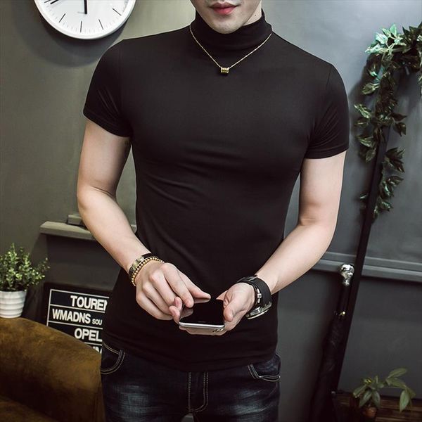 

high collar autumn fashion slim men t shirts quality solid color tight pullover sports fitness, White;black