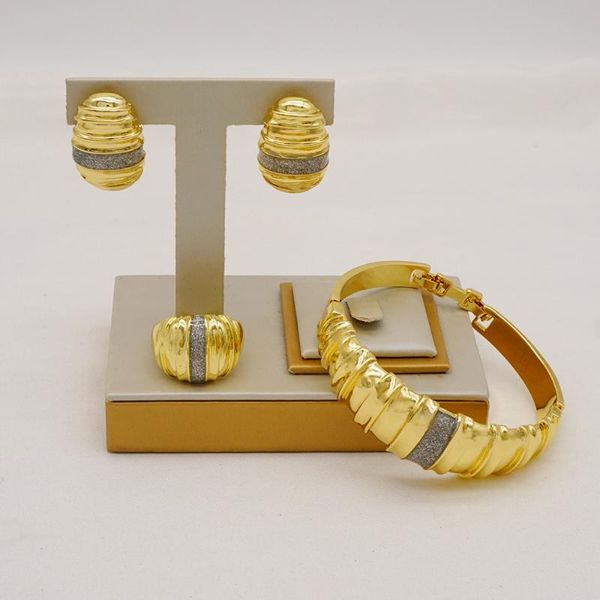 

earrings & necklace fashion 3pcs shiny brazilian gold bracelet ring luxury jewellery set russian designed for women party wedding gift 2021, Silver
