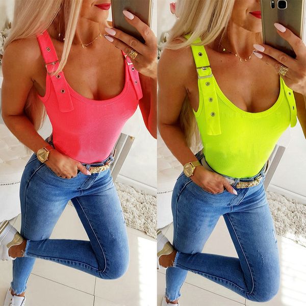 Mulheres Neon Green Tank Tops de Verão Sling Pescoço Pescoço Botão Metal Rib Knit Slim Vest Casual Lady Party Club Bodycon Pulôver Tops 210507