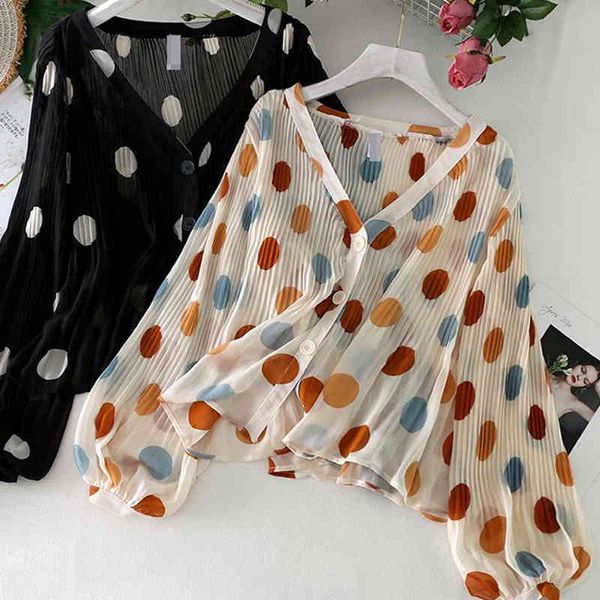 Lucyever Camicie in chiffon con scollo a V a pois da donna Camicie estive con maniche a lanterna dolce Camicia per protezione solare Donna Cardigan allentato casual 210521