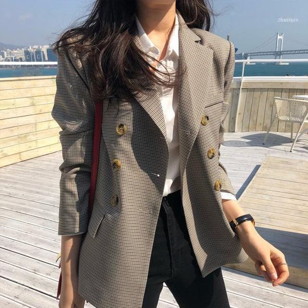 

vintage elegant double breasted office ladies plaid blazer long sleeve loose houndstooth suit coat jacket women blazers 20211, Black;brown