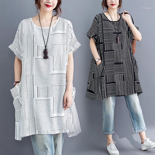 

women's t-shirt summer pinstripe women fashion casual elegant office ladies soft o-neck pocket loose plus size short sleeve tees, White